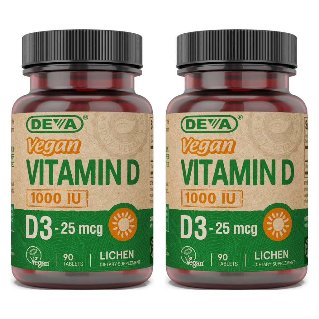 DEVA Vegan Vitamin D3 Supplement - Once-Per-Day Tablet med 1000 IE - Cholecalciferol - Lichen Plant härrör - 90 små tabletter, 2-pack