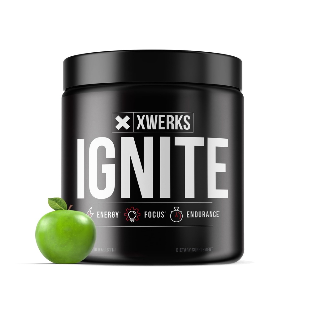 Xwerks Ignite Green Apple Pre Treenout Powder, Natural Keto Pre Treenout naisille ja miehille räjähde energia, Gluteeniton sekoitus Endurance ja kestävyys, 150mg kofeiini, 30 tarjoilua