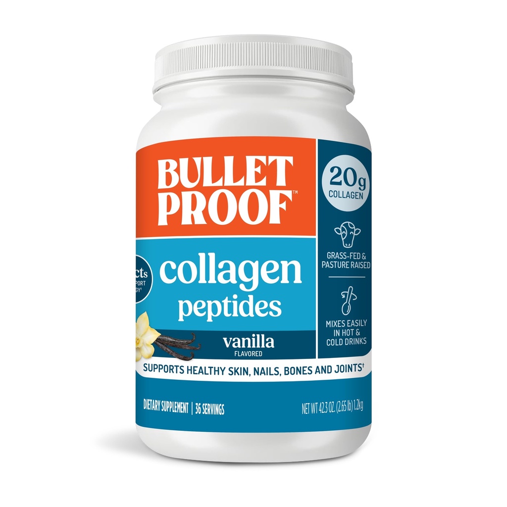Luodinkestävä Vanilla Collagen Protein Powder with MCT Oil, 19g Protein, 42.3 Oz, Value Size, Collagen Peptides ja aminohapot terveelle iholle, luut ja nivelet