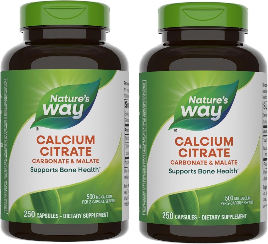 Nature's Way Calcium Citrate, 500 mg kalsiumia 2- kapselia kohti Luuterveydelle ja lihaksille *, Citrate, Carbonate & Malate, Gluteenittomat, 250 kapselia (pakkaus toukokuun vary) - 2 pakkaus