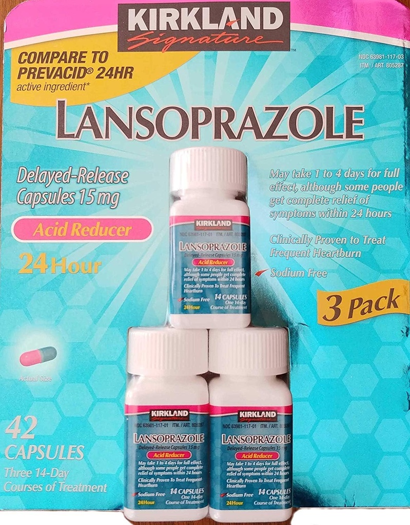Kirkland Signature Lansopratsoli 15 mg. Happojen reduktori, 42 kapselia