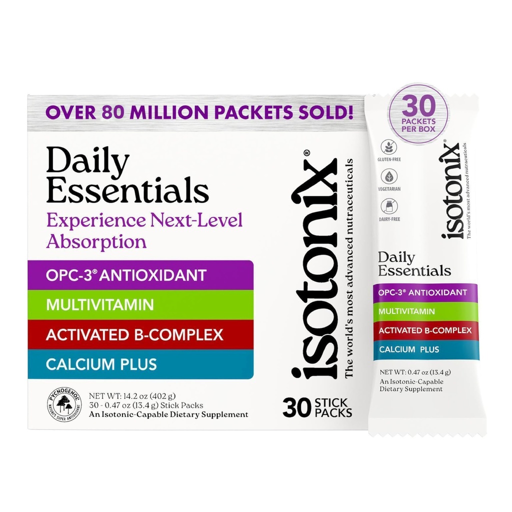 Isotonix® Daily Essentials Multivitamiinijauhepakkaukset ... 4-in-1 Formula monivitamiini-, aktivoitu B-komplex-, kalsium Plus- ja OPC-3 -valmisteella, Pycnogenol® ... Isotoninen toimitus ...