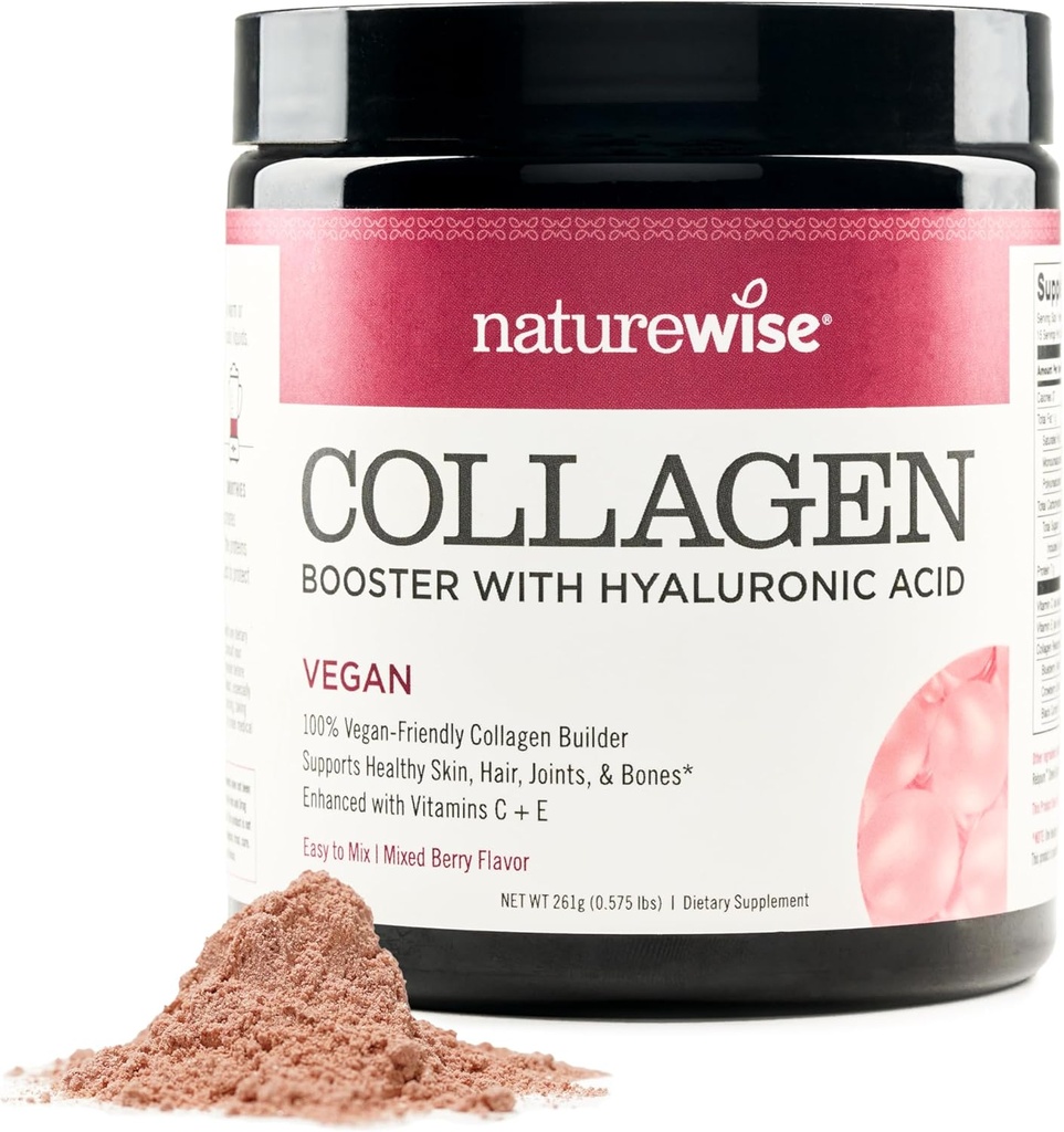 NatureWise Vegan Collagen Powder - Booster Formula terveille hiuksille, iholle, & kynnet hyaluronihappo, C-vitamiini ja E-vitamiini, proteiini - sekoitettu Berry Flavor - Dairy-free, ei-GMO - 15 annosta
