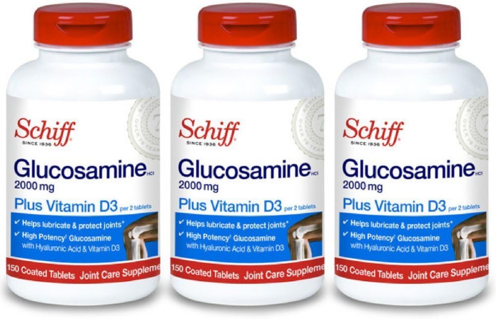 Schiff Glukosamiini 2000 mg D3-vitamiinin ja hyaluronihapon kanssa, 150 tablettia - Joint Supplement (paketti 3)