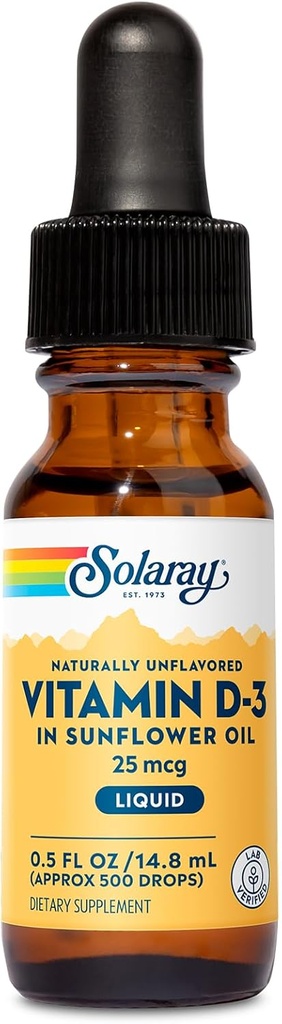SOLARAY-vitamiini D3 nestemäiset tippa 25 mikrog (1000 IU) - Parannettu Imeytyminen D-vitamiini D-tippa Auringonkukkaöljyä varten VIT D3 tuki - Luonnollisesti makuamaton, Dropper mukana - Noin. 500 tarjoilua, 0,5oz