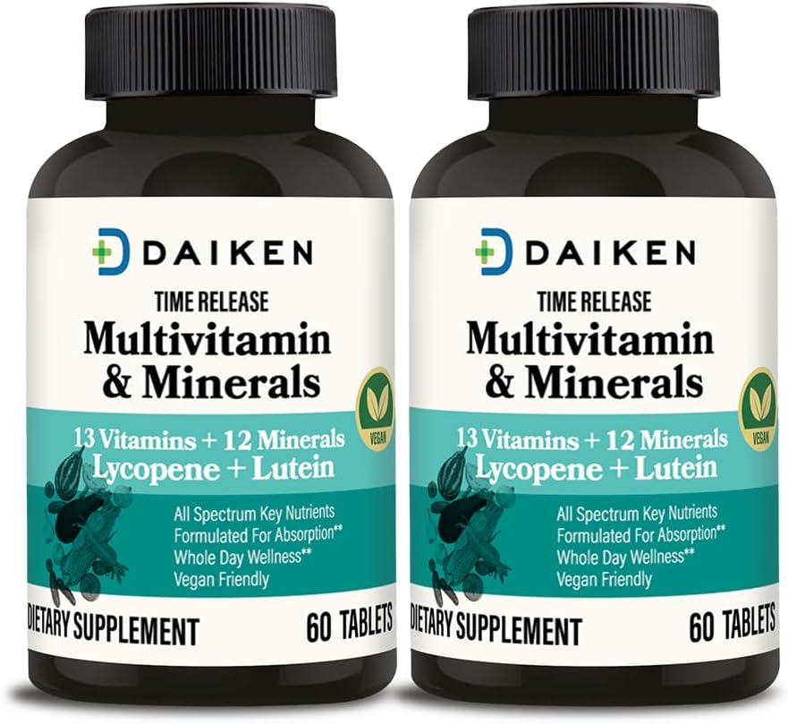 DAIKEN Mini Monivitamiini, 60 tablettia, paranneltu luteiinilla, lykopeenilla ja foolihapolla, aikavapautettu monivitamiini naisille ja miehille, vegaaninen ja helppo niellä (pakkaus 2)