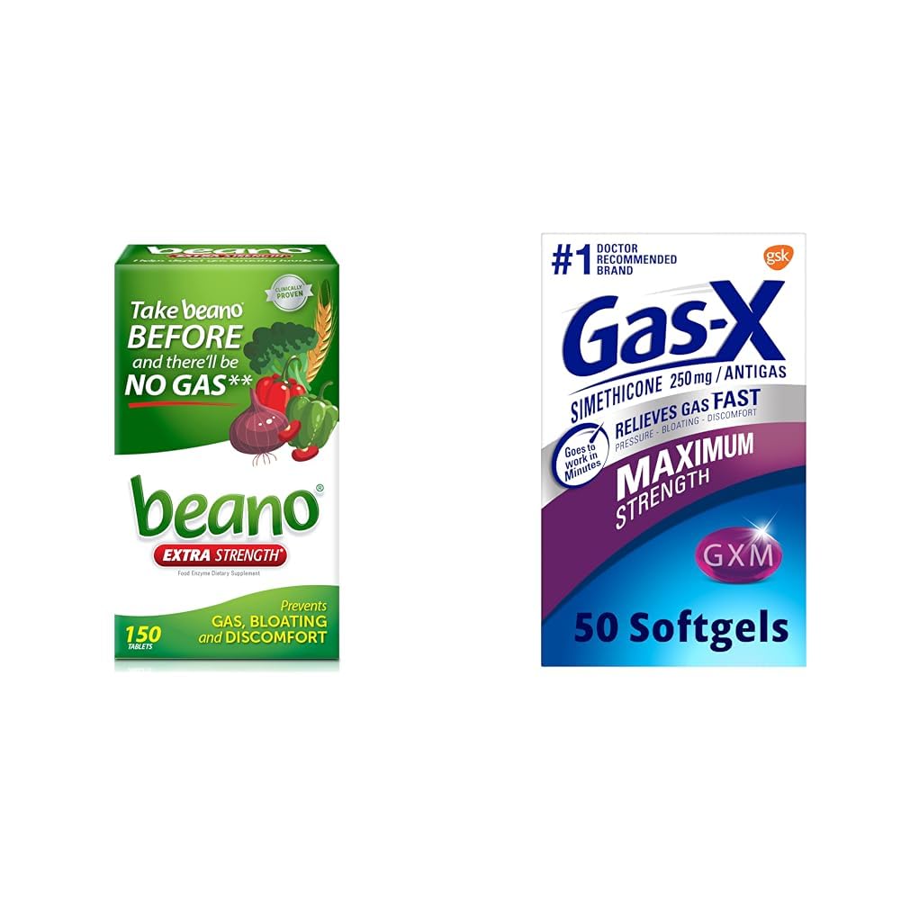 Beano Food Enzyme Dietary Supplement | Hjälp Digest Gas-Causing Foods | 150 tabletter & Gas-X Maximal Strength Gas Relief Softgels med Simethicone 250 mg för Bloating Relief - 50 Count