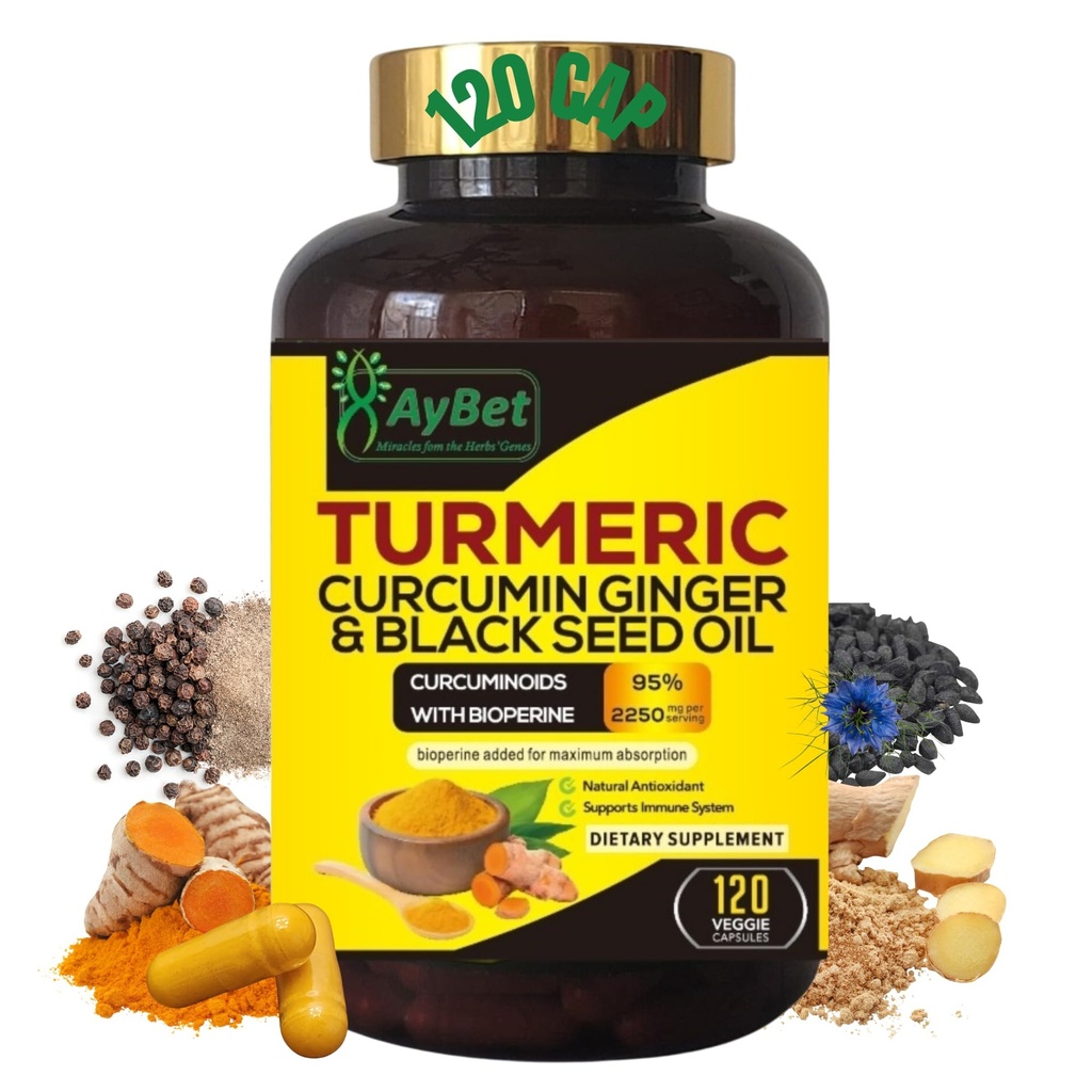 World 1.Turmeric Curcumin Inkivääri- ja musta siemenöljy, 120 Caps, 2250mg, 95% Curcuminoids, BioPerin added, Extra Strength, Organic, Halal,Vegan,Support Immuunijärjestelmä, Yhteinen tuki (120)