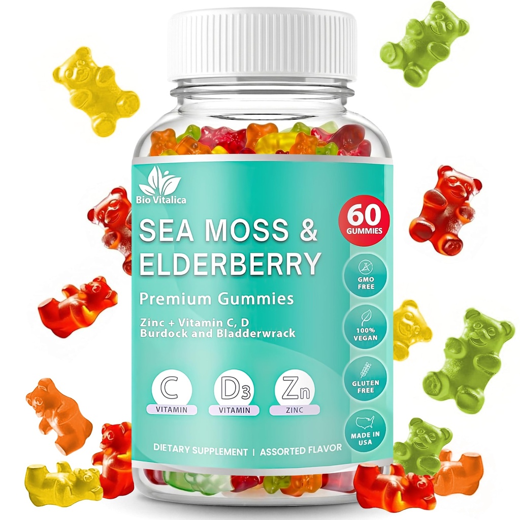 BIO VITALICA Sea Moss Gummies Elderberry BioVitalica - C-vitamiini D + Sinkki - Irish Seamoss Vegan Gummy Sea Moss Gel & Powder for Immuniteetti, Detox - aikuisille ja lapsille