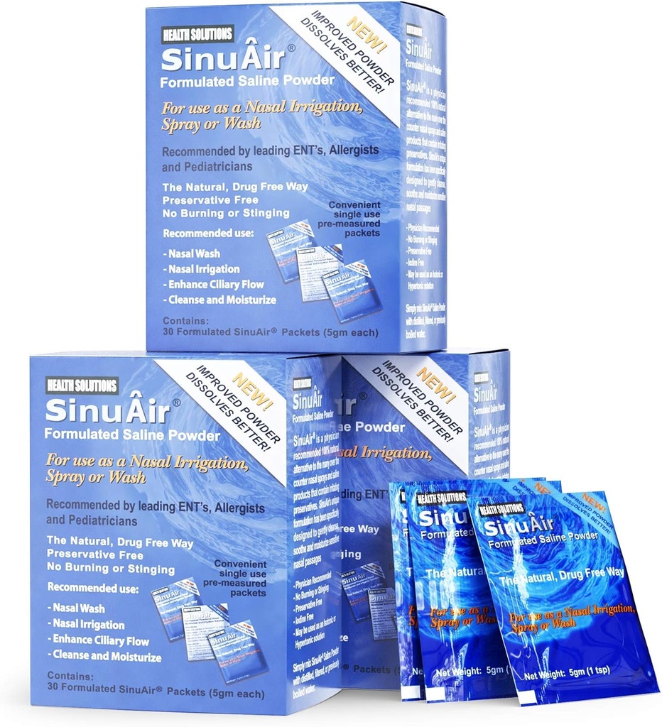 SinuAir Saline Packets för Sinus Rinse - Premixed Salt Solution Powder för SinuPulse Elite System, Neti Pot, Nose Wash Bottle & Nasal Irrigation, 90 Packets