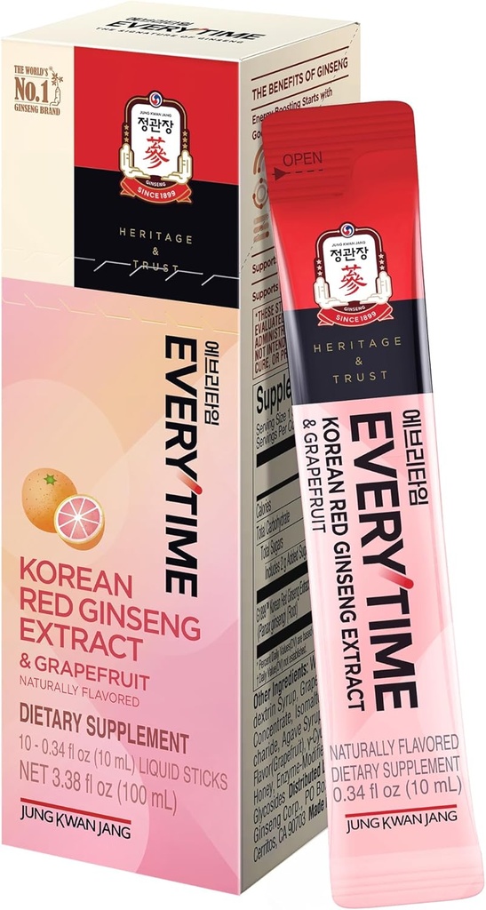 JUNG KWAN JANG Everytime Korean Red Ginseng Extract 1000mg & Grapefruit - Vegan Ginseng Root Energy Drink Liquid Stick Supplements - Bygger Stamina & Immunity, No Caffeine (10 Sticks, 0,34 fl oz)