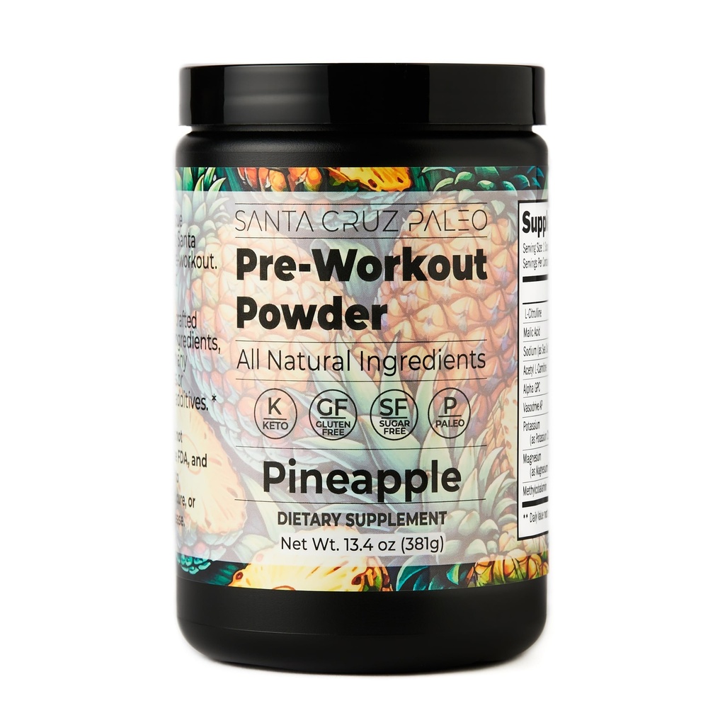 Santa Cruz Paleo Pre Treenout Powder Elektrolyyttejä, magnesiumia, kaliumia, merisuolaa ja L Sitruliinia, kofeiinia ja sokeria esitreenausta Juomasekoitusta varten, ananasmakka, 30 tarjoilua