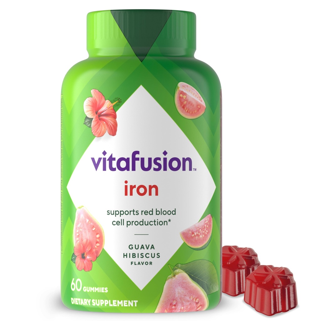 Vitafuusio Rauta Gummy-vitamiini täydentää, tukee punasolujen tuotanto*, Guava Hibiscus Flavor, 30 Tarjoilua, 60