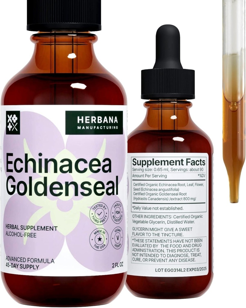 Echinacea och Goldenseal 2 fl oz Liquid Extract - Natural Herbal Supplement - Immune Support Drops - Förbättra sömnen | Boost Energy - Hög styrka - 45-dagars leverans