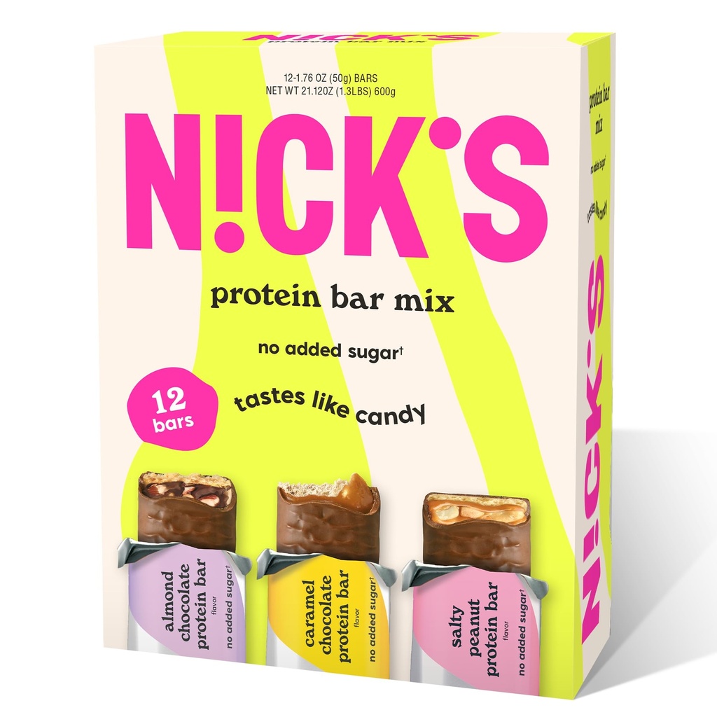 Nick's Protein Bars Chocolate Variety Pack High Protein, Low Calories, Low Carb Keto Friendly Välipalat Ei lisätty sokeria, suolainen maapähkinä, suklaa karamelli ja manteli suklaa (12 pakkaus)