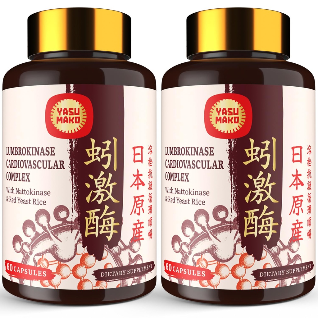 Lumbrokinase 100mg (Max Aktivitet 1,000,000 LKU),Nattokinase 100mg-2,000 FU av Aktivitet och Red Yeast Rice 300mg, Lumbrokinase Enzymes Supplement för Cirkulatory,Cognition,120 kapslar (Pack av 2)
