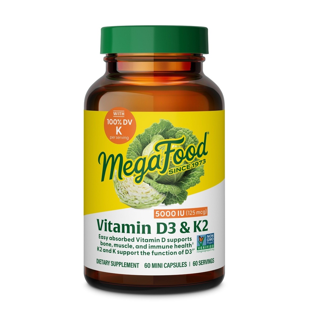 MegaFood-vitamiini D3 5000 IU (125 mikrog) - Kasvisruokalisät D3 K2-vitamiinilla - Tukee luut, hampaat, lihakset ja immuuniterveys - Certified non-GMO - 60 Mini-kapselit, 60 tarjoilua