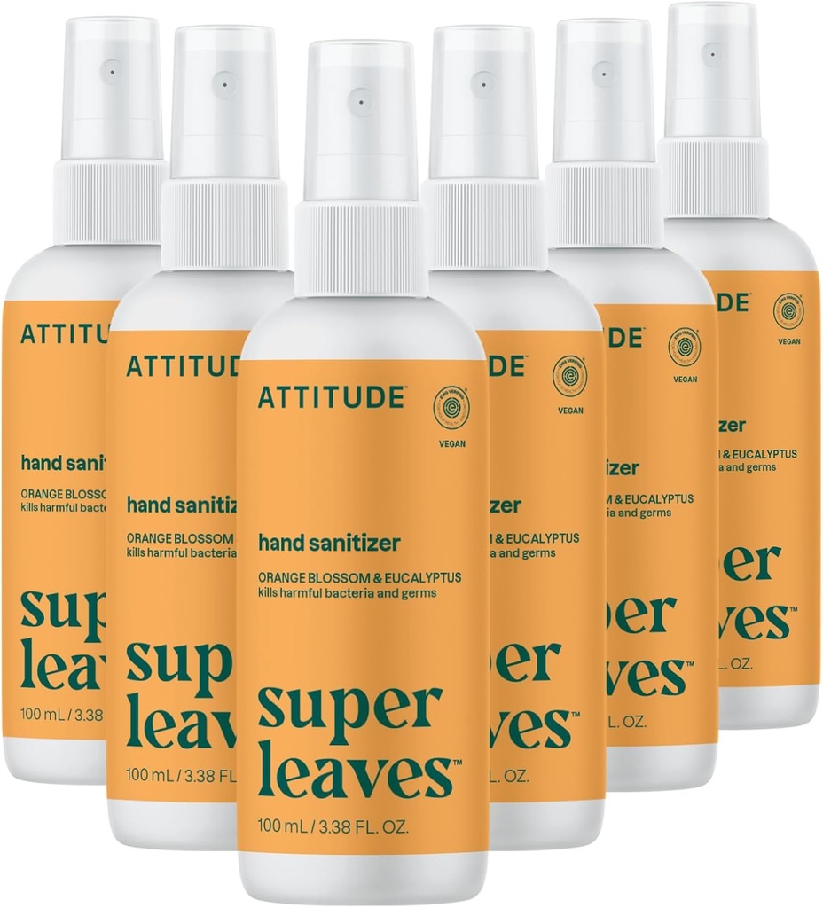 ATTITUDE Hand Sanitizer Spray, EWG Varmennettu, tappaa germs & Bakteeri, Vegan & Plant-Baseed, turvallinen aikuisille & lapsille, oranssi Blossom & Eucalyptus Scent, 3.38 Fl Oz (pakkaus 6) (Spray Bottle)
