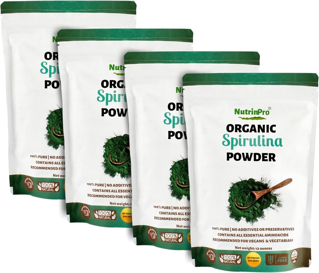 Fyra Pack Spirulina pulver för juice och rökning Mix; 100% naturlig, USDA Organic och Gluten Free, med hög protein, vitaminer, antioxidanter och mineraler (12 Ounces) (4)