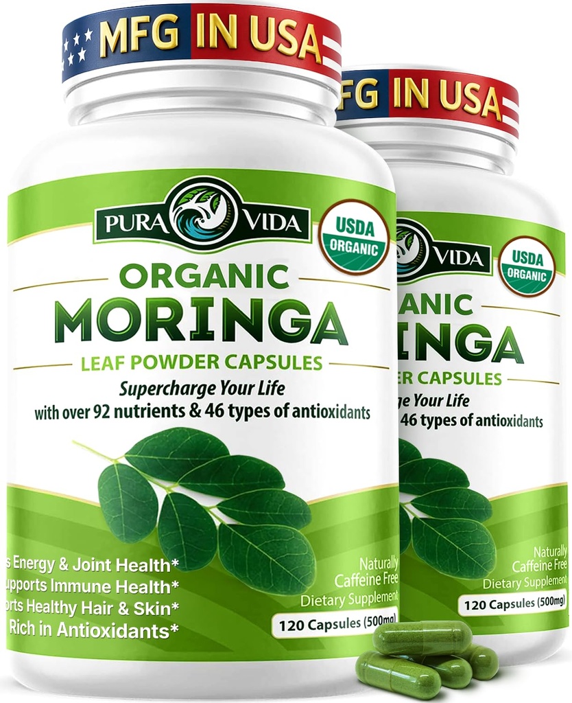 PURA VIDA MORINGA kapselit Yksi Origin Organic Moringa Powder. Moringa Leaf. Energia, aineenvaihdunta, ja immuuni tuki. 120ct. 500 mg Caps. (Pakkaus 2)