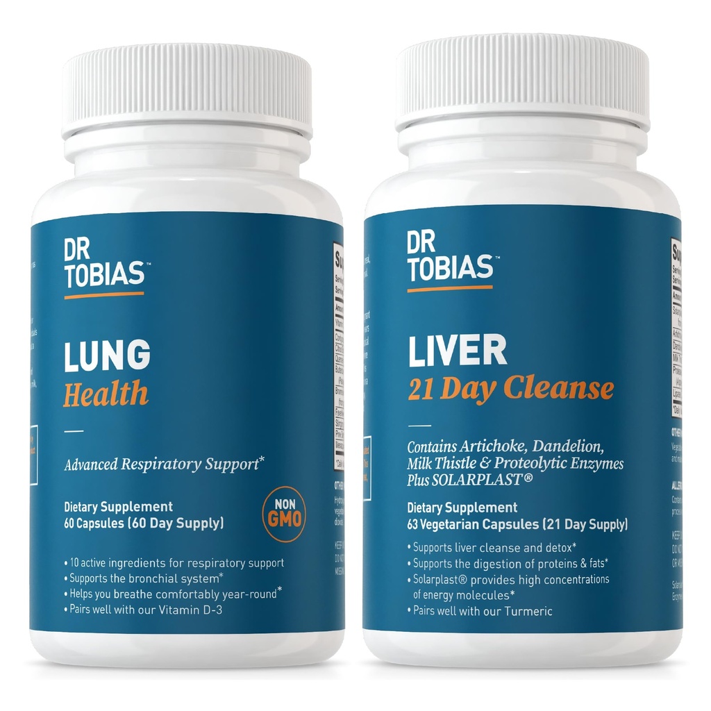 Tobias Lung Health & Liver 21 Day Cleanse for Lung and Liver Cleanse & Detox with C-vitamiini, Butterbur, Quercetin, Solarplasti, Artisokka, Milk Thistle