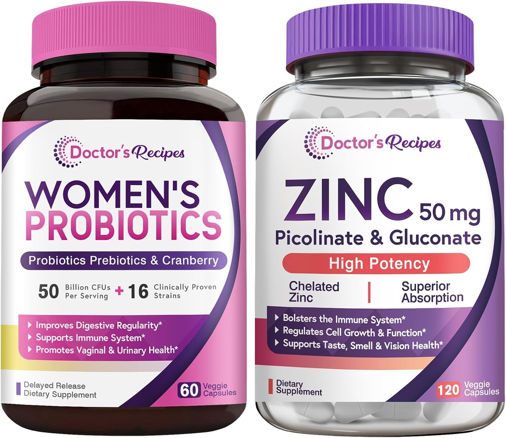Doktorns recept Kvinnors Probiotiska & Zink Bundle, Digestive, Vaginal & Urinary Health, Natural Immune Defense, Delayed Release Probiotic Capsules 60ct & Zink Capsules 120 ct