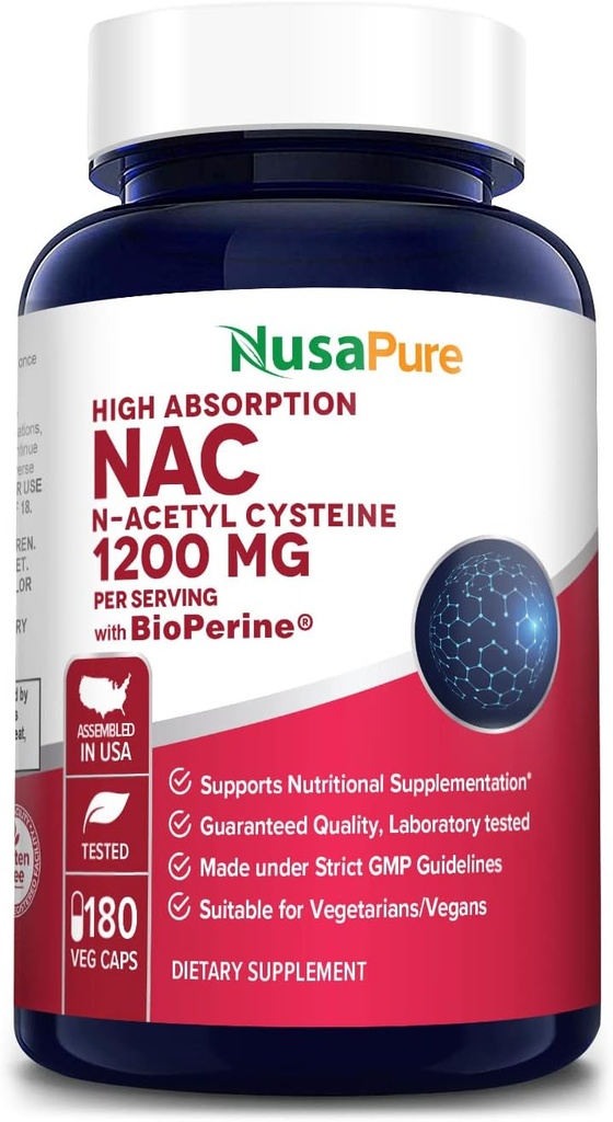 NusaPure N-Acetyl Cysteine (NAC) 1200 mg 180 Kasvislipat (kasvissyöjä, ei-GMO, gluteeniton) Bioperiini