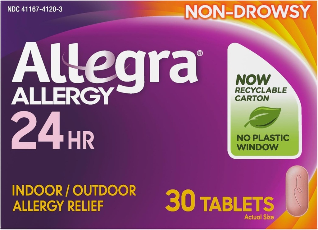 Allegra Adult 24HR Ei-huono antihistamiini, 30 tablettia, nopeasti vaikuttava allergiaoireiden lievittäminen, 180 mg