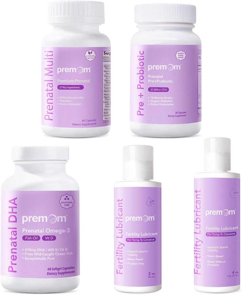 Premom Multivitamiini naisille + Prenatal DHA Fish Oil + Prenatal Pre & Probiootit + Personal Fertility Voiteluaine Conception 2&4 Fl Oz