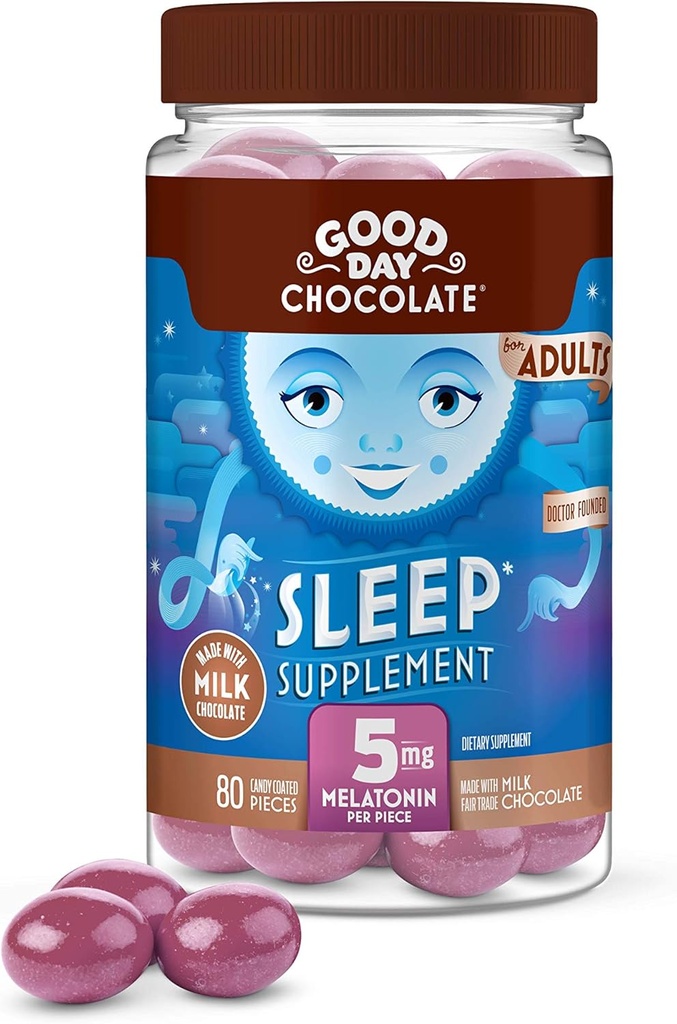 Good Day Chocolate Melatoniini aikuisille [80 Count ] - Reilun kaupan non-GMO Milk Chocolate kamomilla ja melatoniini 5 mg - Aikuisten melatoniini, aikuisten luonnollinen uniapu täydentää