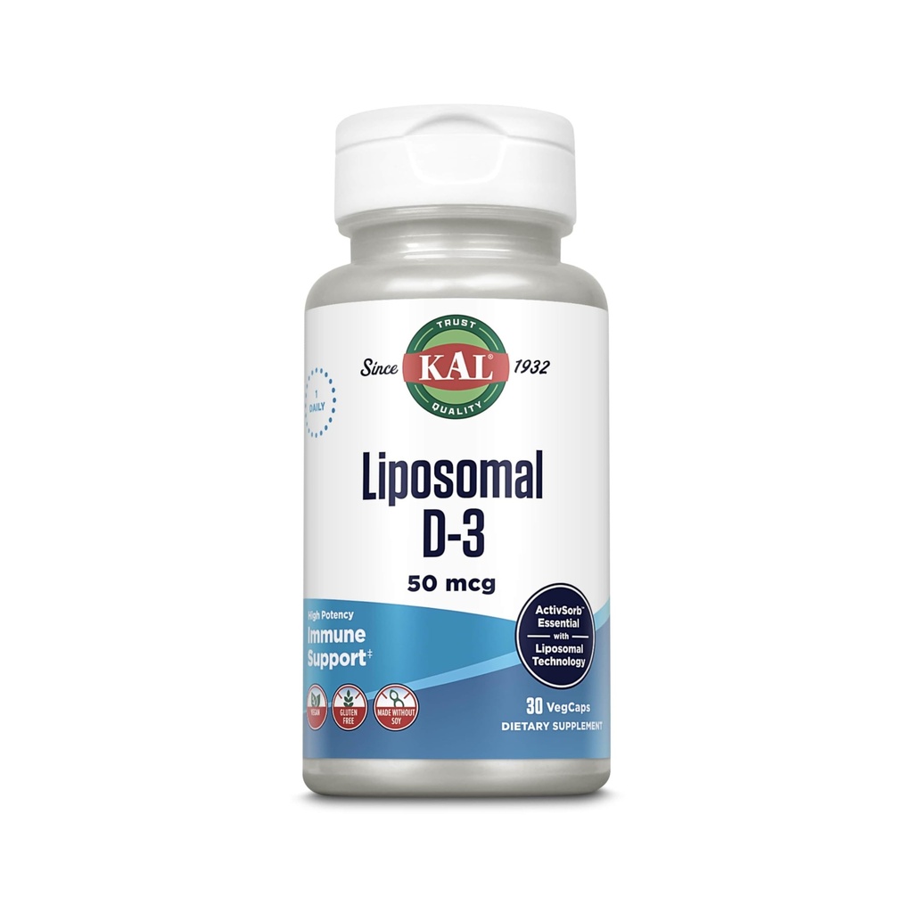 KAL Liposomal D3 50 mikrog, suuri Imeytyminen D-vitamiini, liposomaalinen teknologia, korkea teho Immunosupport, vegaaniset kapselit, gluteeniton, ei soijaa, 30 tarjoilua