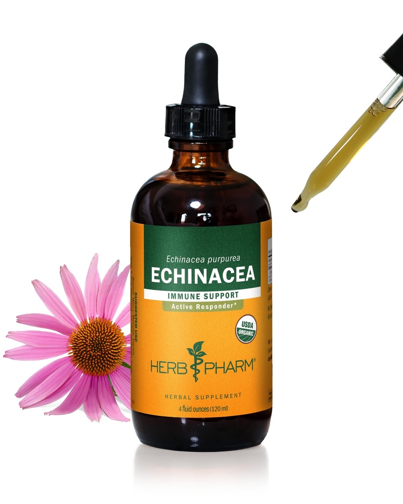 Herb Pharm Certified Organic Echinacea Root Liquid Extract immuunijärjestelmän tukea, Organic Cane alkoholi, 4 Ounce