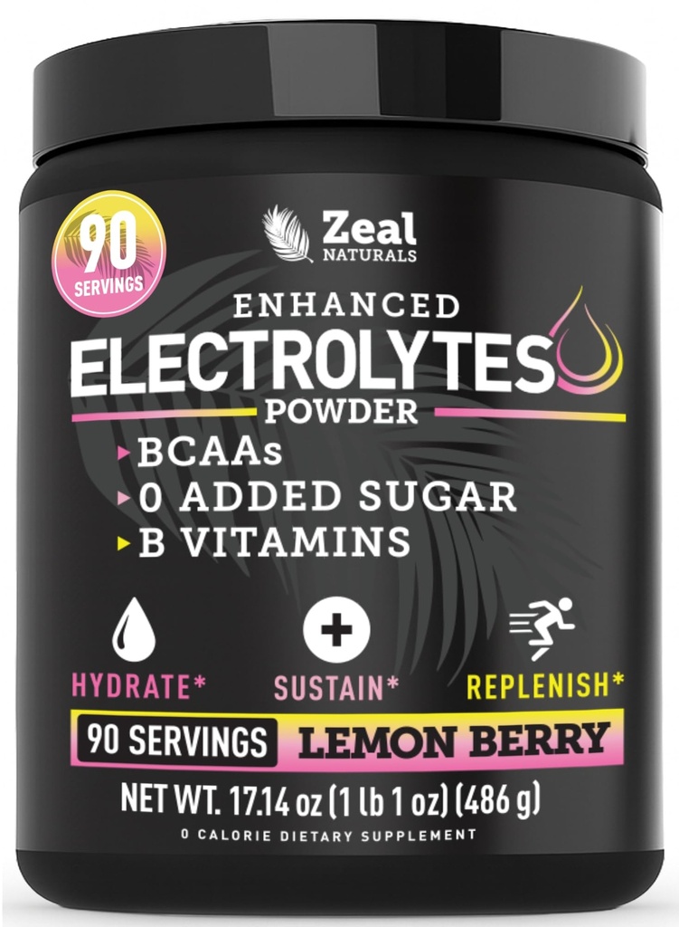 Zeal Electrolyte Powder - 90 portioner | Keto Electrolytes Powder | Zero Sugar, BCAAs, B-Vitaminer | Kalium, Zink, Magnesium | Hydration Powder Recovery Drink | Lemon Berry