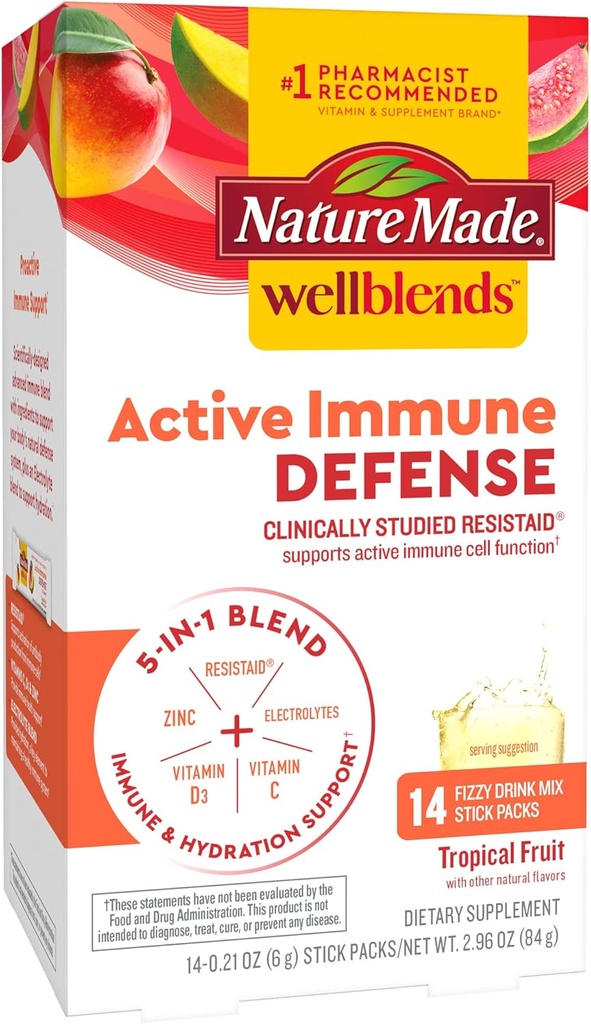 Luonteeksi tehty Wellblends Aktiivinen immuunipuolustus Fizzy Drink Mix, resistanssi, C-vitamiini 500 mg, D-vitamiini 1000 IU, sinkki ja Elektrolyyttejä Powder, 14 Stick Packs