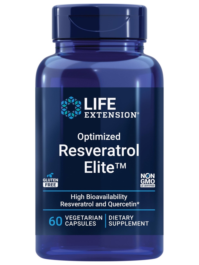 Life Extension Optimoitu Resveratrol Elite, Trans-resveratrol, quercetin, Terve ikääntyminen, Heart Health, Aivojen terveys, hapettava stressi, gluteeniton, ei-GMO, kasvissyöjä, 60 kapselia