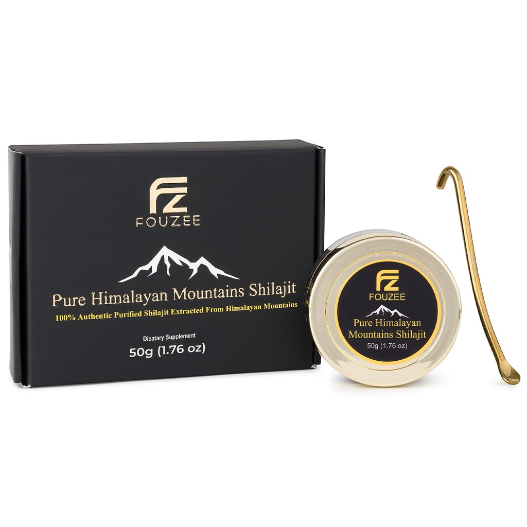 FOUZEE Pure Himalayan Mountains Shilajit - 77% + Fulvic Acid Aito Kova Johdonmukaisuus, luonnollinen lähde Fulvic Acid, yli 85 Trace Minerals, Sisältää ruostumaton teräs Spoon (50 grammaa)