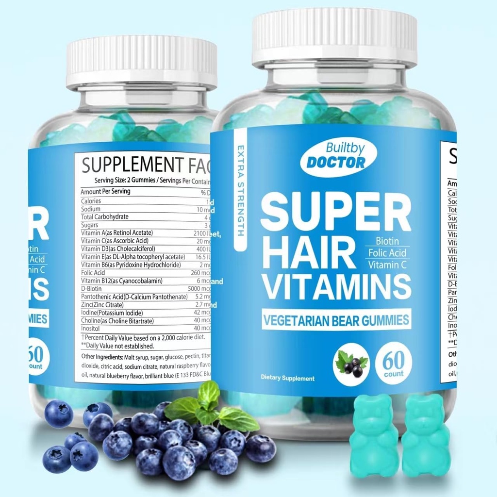 Super Biotin Gummies hiukset, iho ja kynnet - Vegaani vitamiineja miehille ja naisille, tukee nopeampaa hiusten kasvua ja vahvemmat kynnet - extra vahvuus