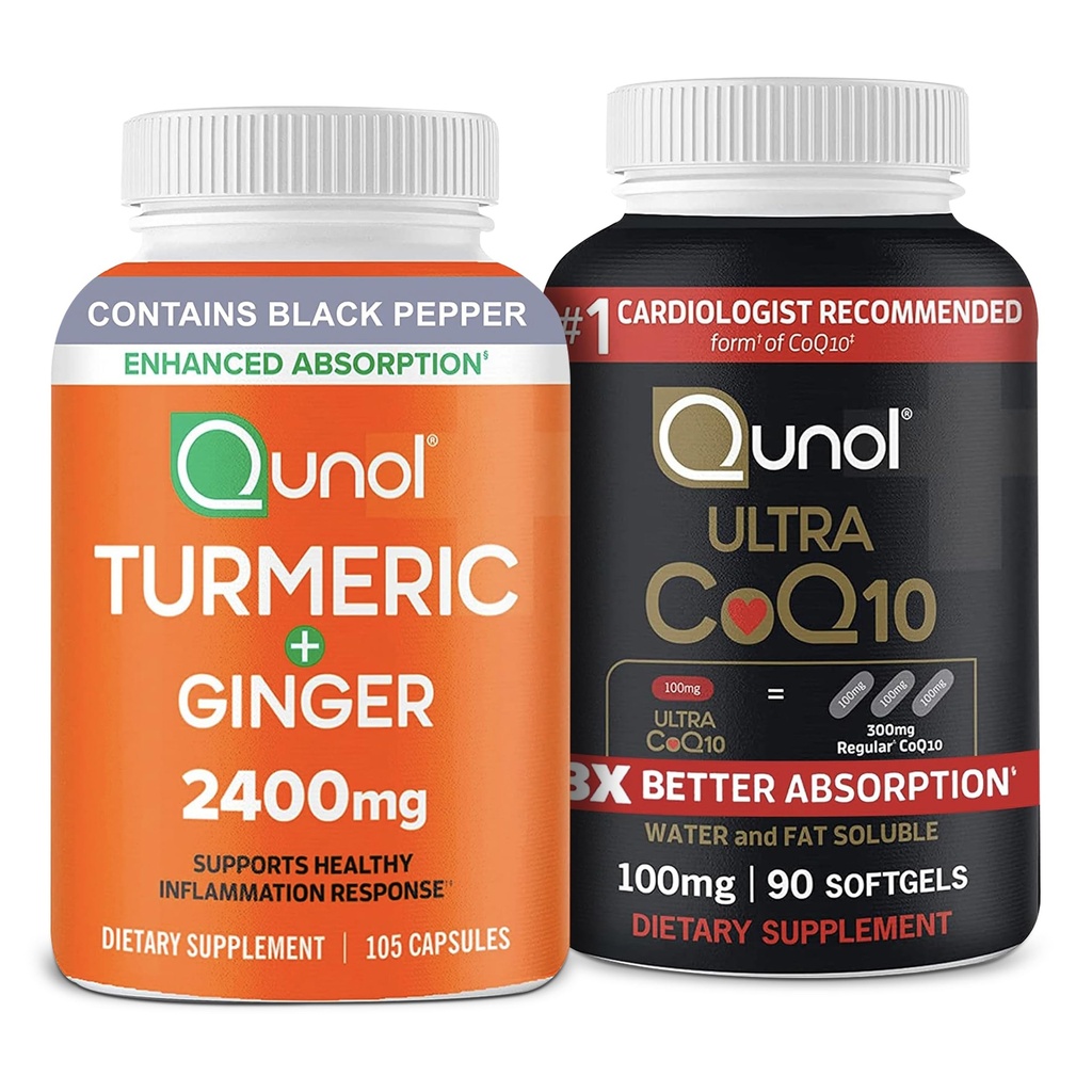 Qunol CoQ10 & Kurkuma: Kurkuma, 2400 mg, 105 kapselia & Ultra CoQ10 100mg, 90 softgelia