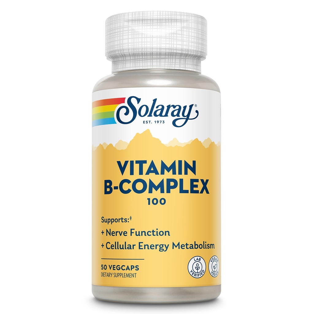 SOLARAY Vitamin B Complex 100mg - Cellular Energy, Nerve and Heart Health Support - Supplies All 8 B Complex Vitamins - Vitamin B12, B1, B2, B3, B6, Niacin, Folic Acid och Biotin - Vegan, 50 portioner
