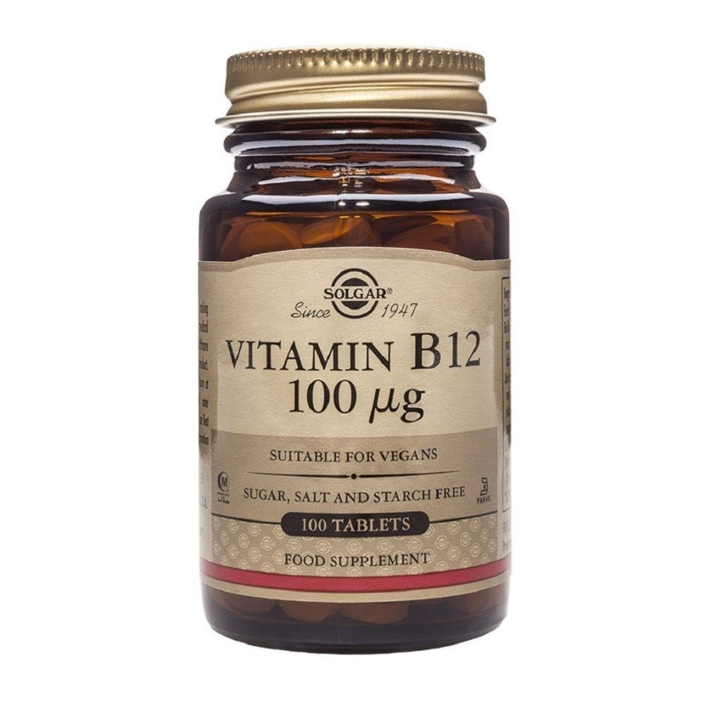 Solgar-vitamiini B12 100 mikrog - 100 tablettia - Energiaaineenvaihdunta ja hermoston tuki - ei-muuntogeeniset organismit, vegaani, gluteeniton, Kosher, Halal - 100 annosta