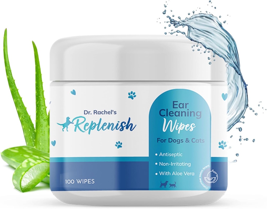 Replenish Cat and Dog Ear Cleaning Wipes - Gentle lääkehoito korvapyyhkeet koirille - Cucumber Melon Scent - Dog Ear Cleaner & Cat Ear Wipes for Cleaning, rauhoittava, ja deodorizing Itchy Ears - 100 Count