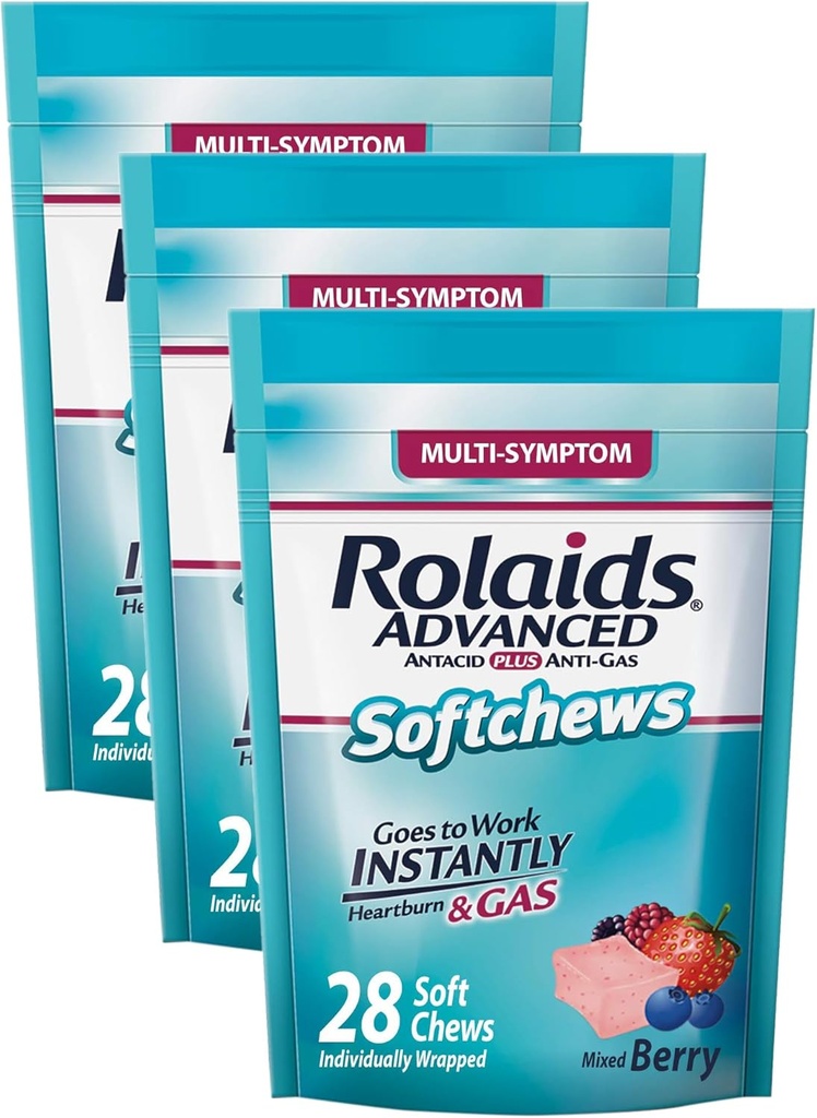 Rolaids Advanced Antacid Plus Anti-Gas Softchews, 28 Count, Mixed Berry, Heartburn och Gas Relief (Pack of 3)