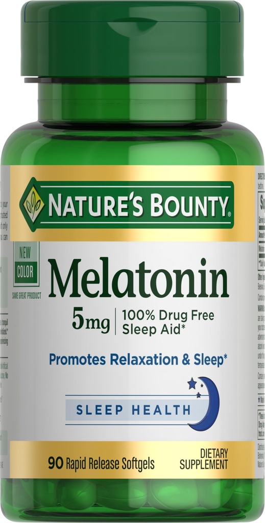 Nature's Bounty Melatoniini, 100% Drug Free Sleep Aid, ravintolisä, edistää rentoutumista ja uniterveys, 5mg, 90 Softgels (Pack of 1)