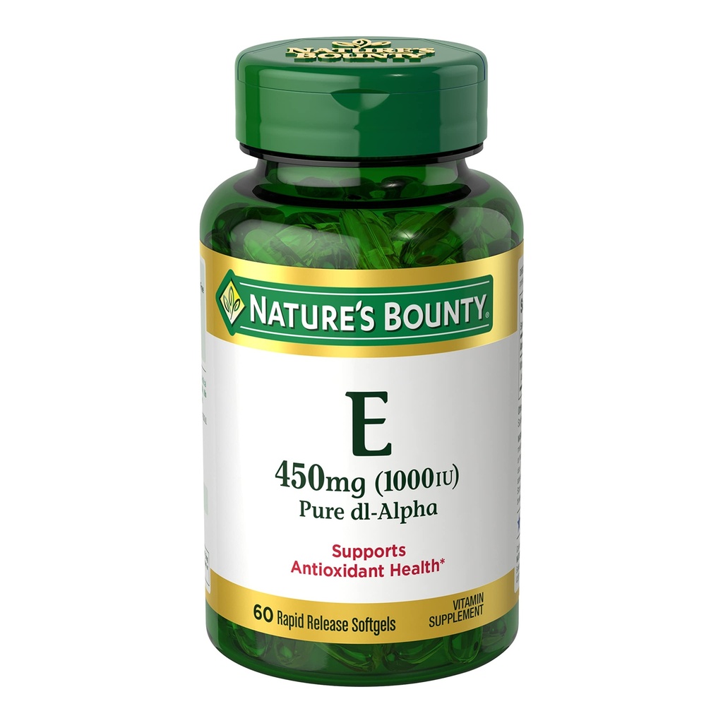 Naturens Bounty Vitamin E 1000 IE Softgels, stöder antioxidant hälsa och immunsystem, 1 Servering per dag, ingen gluten, 60 Softgels (Pack of 1)