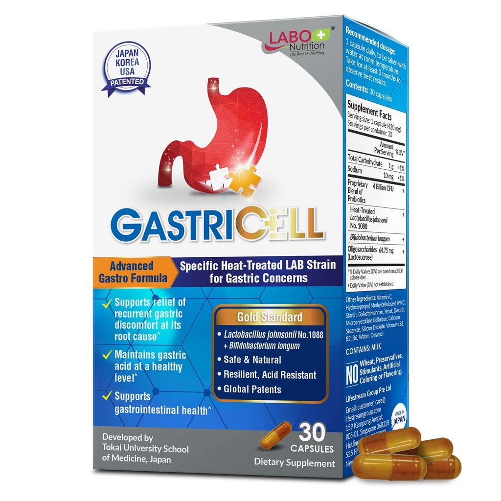 LABO Nutrition GASTRICELL - Acid Reflux, närästys, toistuva mahalaukun häiriö, luonnollinen puolustus vastaan mahalaukun distress 30 kapselia