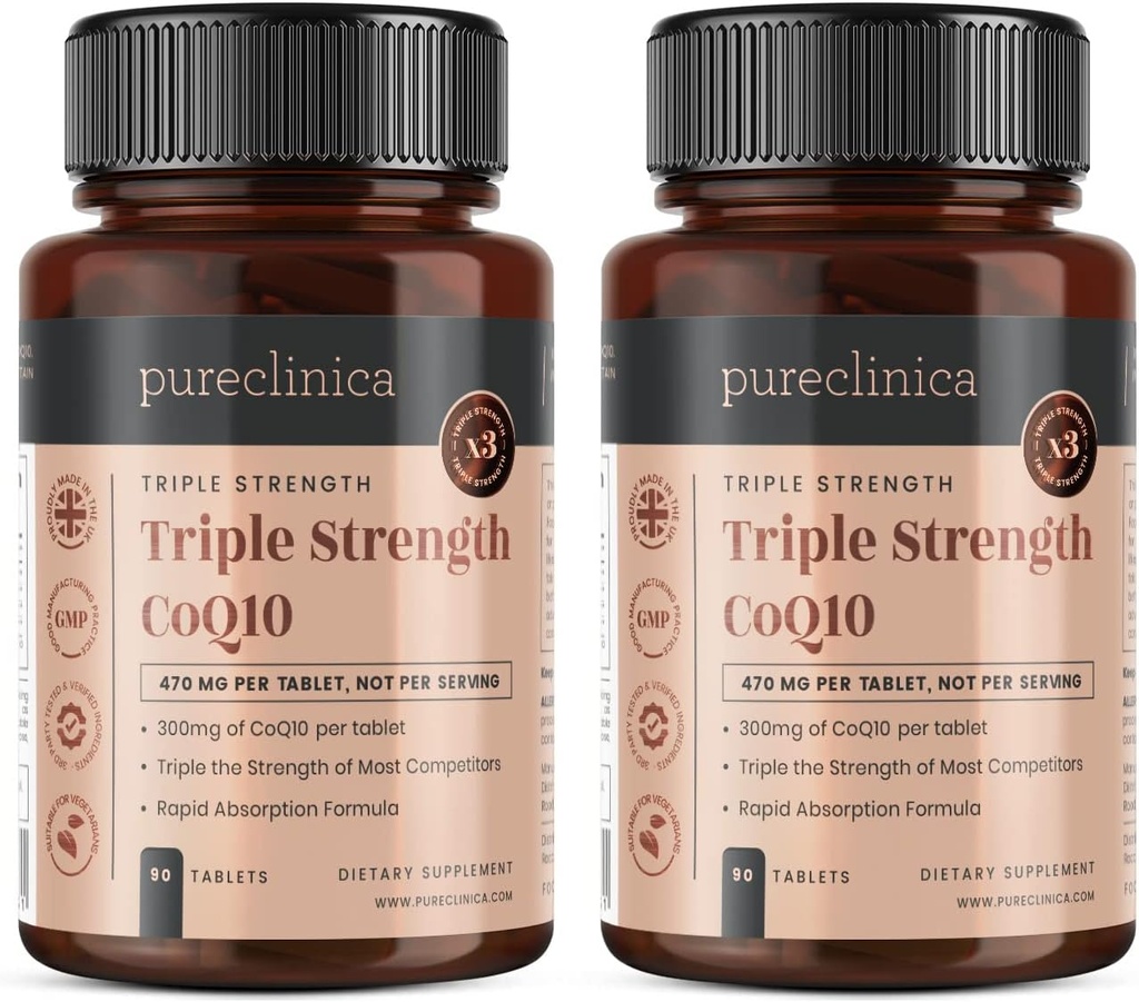 pureclinica Fermented CoQ10 300mg x 180 tabletter (2 flaskor med 90 tabletter) - 6 månaders leverans. Icke GMO, USP Grade. med Added Vitamin C & Black Pepper Extract för Absorption.