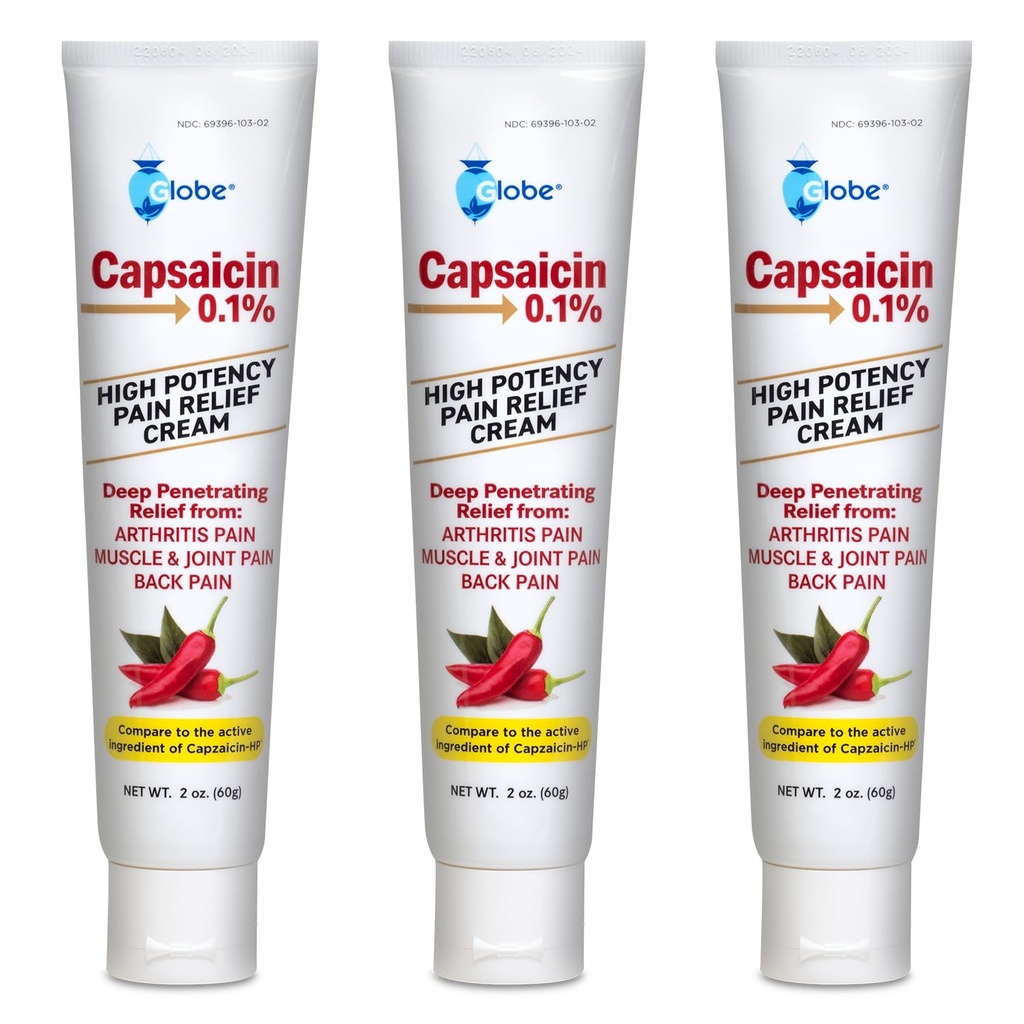 Globe (3 Pack) Capsaicin 0,1% High Potency Pain Relief Cream, Unscented (2 oz) Deep Penetrating Relief från: Artrit, Muscle, Joint och Back Pain