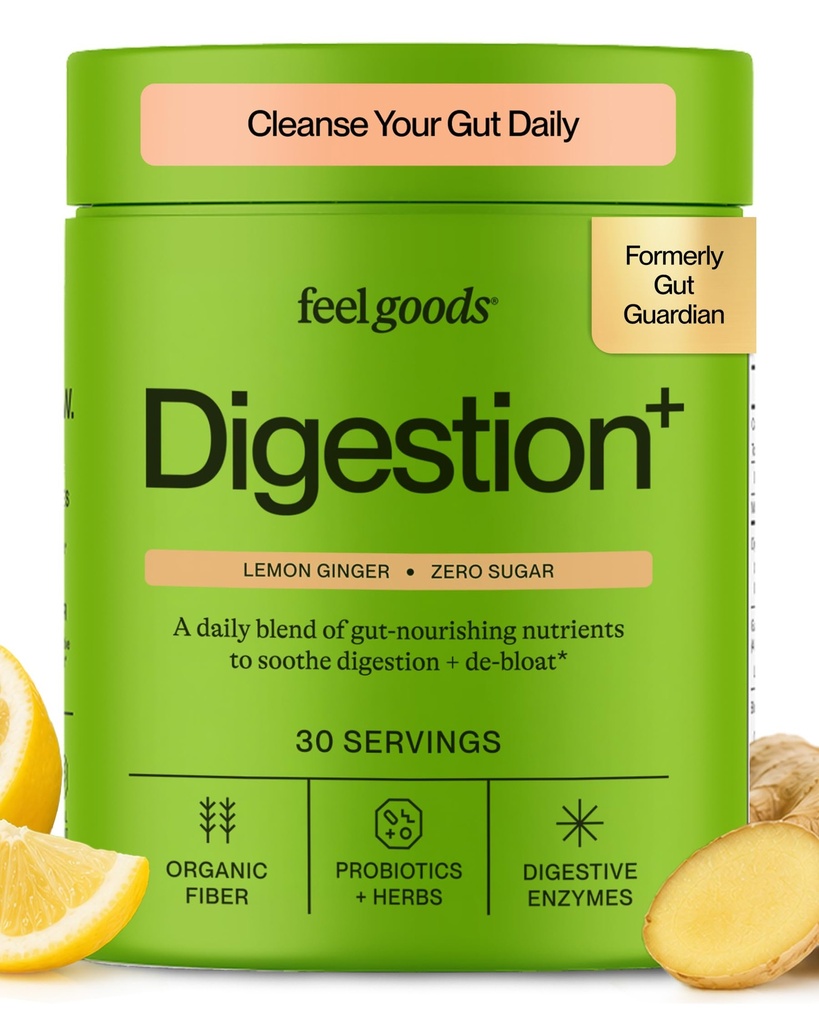 Feel Goods Gut Guardian, Organic Fiber, Probiootti & Prebioottijauhe, sokeriton, Yrtit bloat, Gut Health Support, Ruoansulatusterveys miesten & naisten, ei GMO, Vegaani, sitruunan inkivääri, 30 tarjoilu