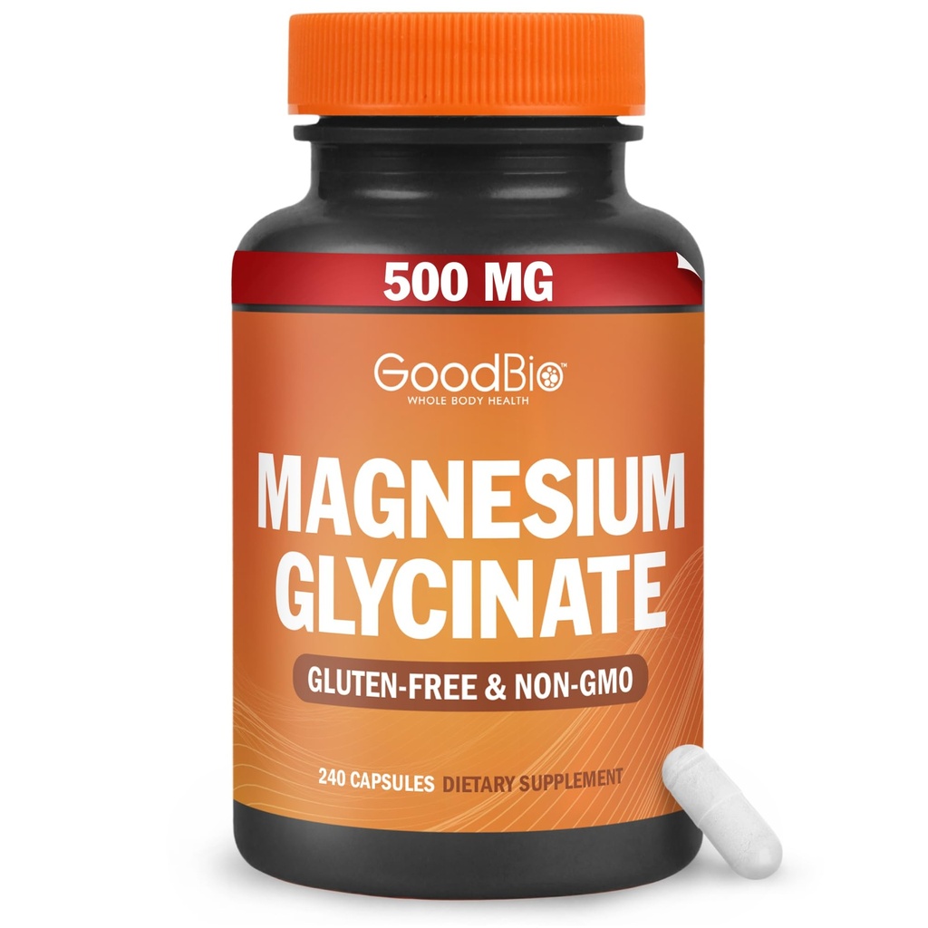 Magnesium Glycinate - Hög Absorption Magnesium Supplement 500mg Per Servering för stressavlastning, sömn, hjärta och benhälsa, Nerve Support - Icke-GMO, Glutenfri, Gentle på magsäck, 240 kapslar