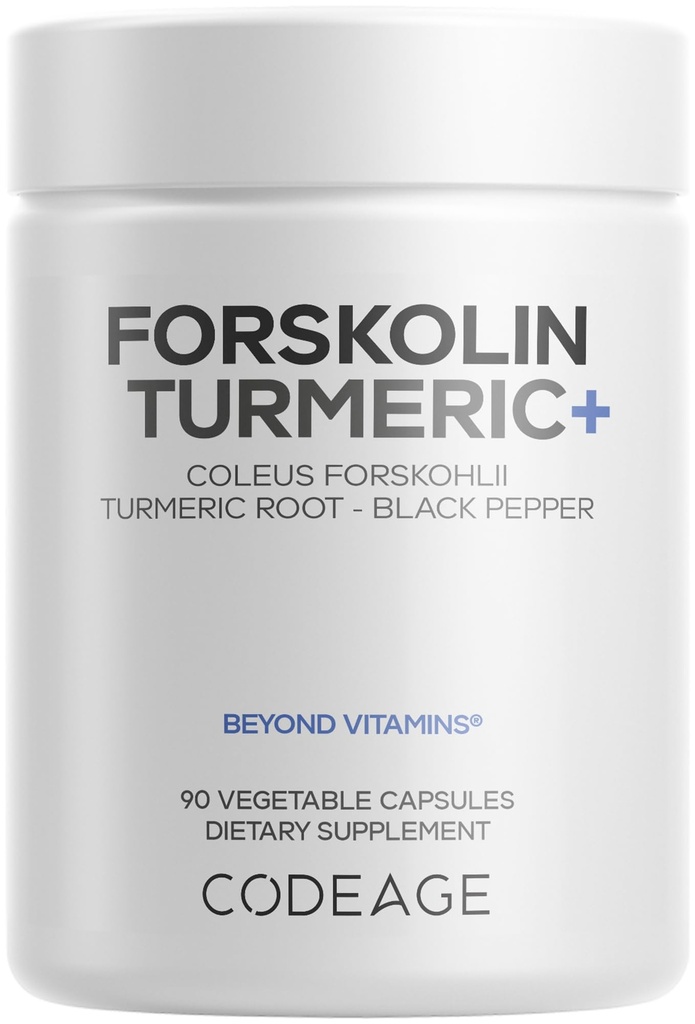 Codeage Forskolin, Pure Forskolin Coleus + Organic Turmeerinen juurijauhe, 95% Curcuminoidit + Bioperine Black Pepper - 20% Standardoitu Coleus Forskohlii täydennysosa - ei-GMO - 90 kapselia